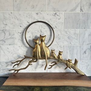 Vintage Brass Cat Family Wall Hanging | Cats and Kittens on a Branch with a Moon